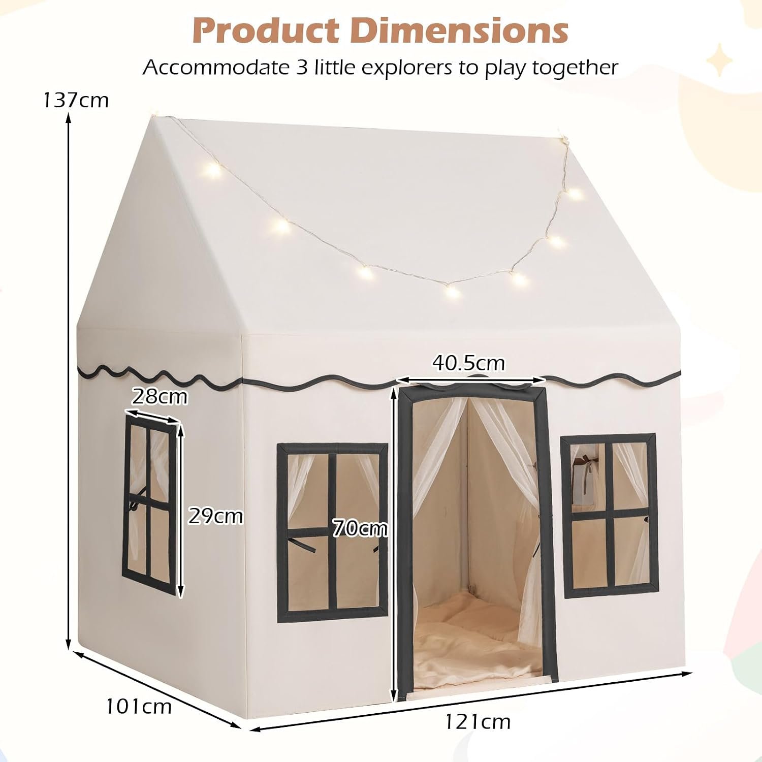 Beige Play Tent with Star Lights and Coral Velvet Mat: image 2