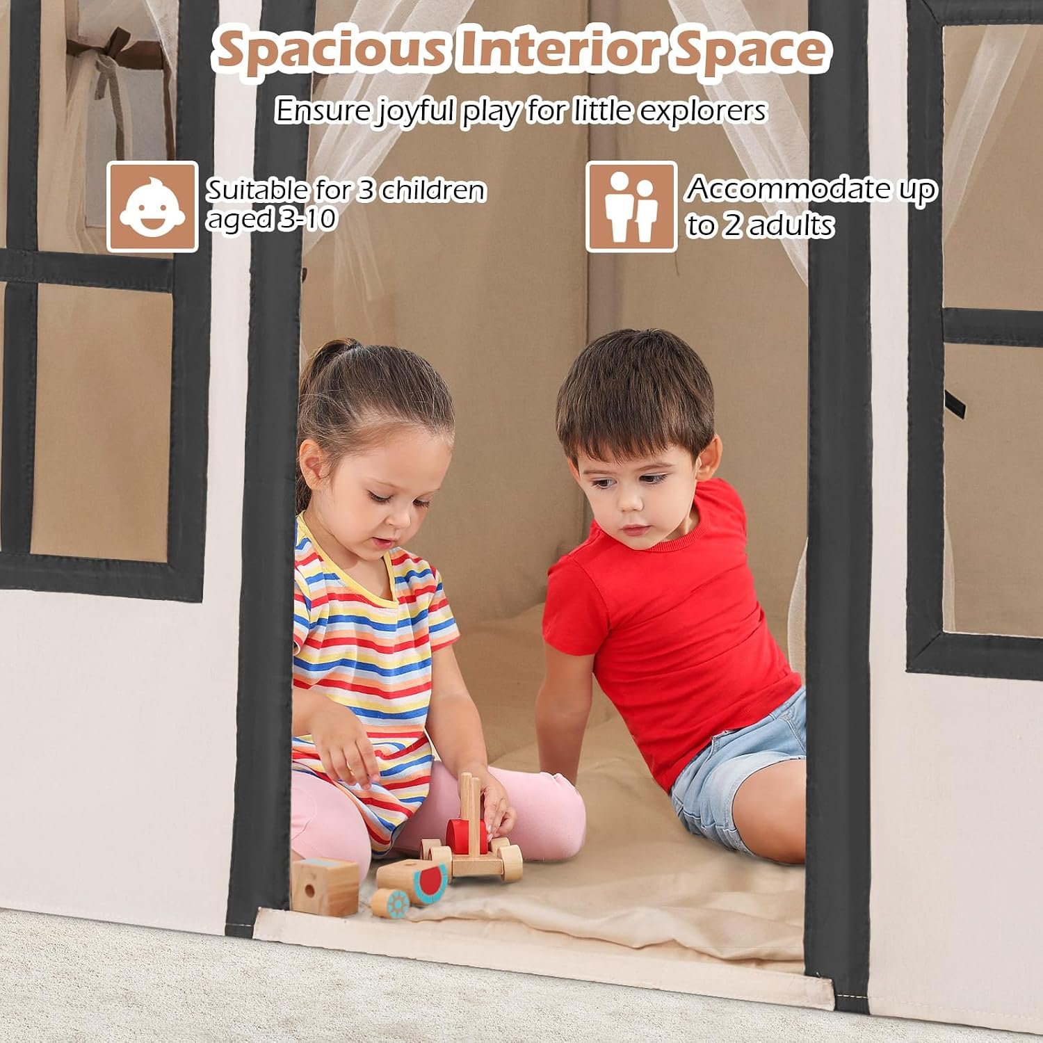 Beige Play Tent with Star Lights and Coral Velvet Mat: image 3
