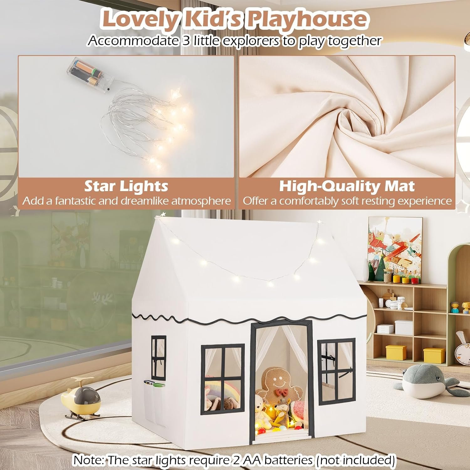 Beige Play Tent with Star Lights and Coral Velvet Mat: image 5