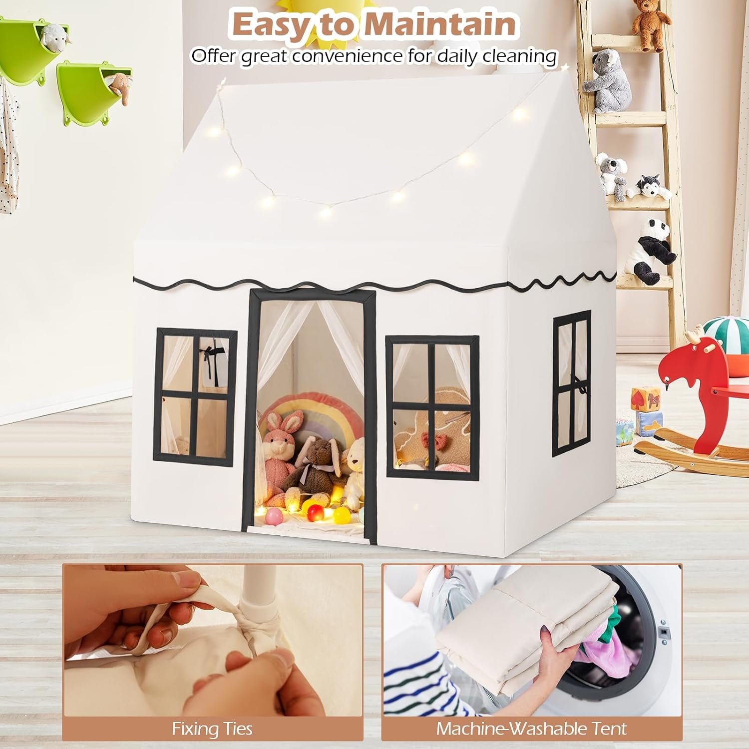 Beige Play Tent with Star Lights and Coral Velvet Mat: image 6
