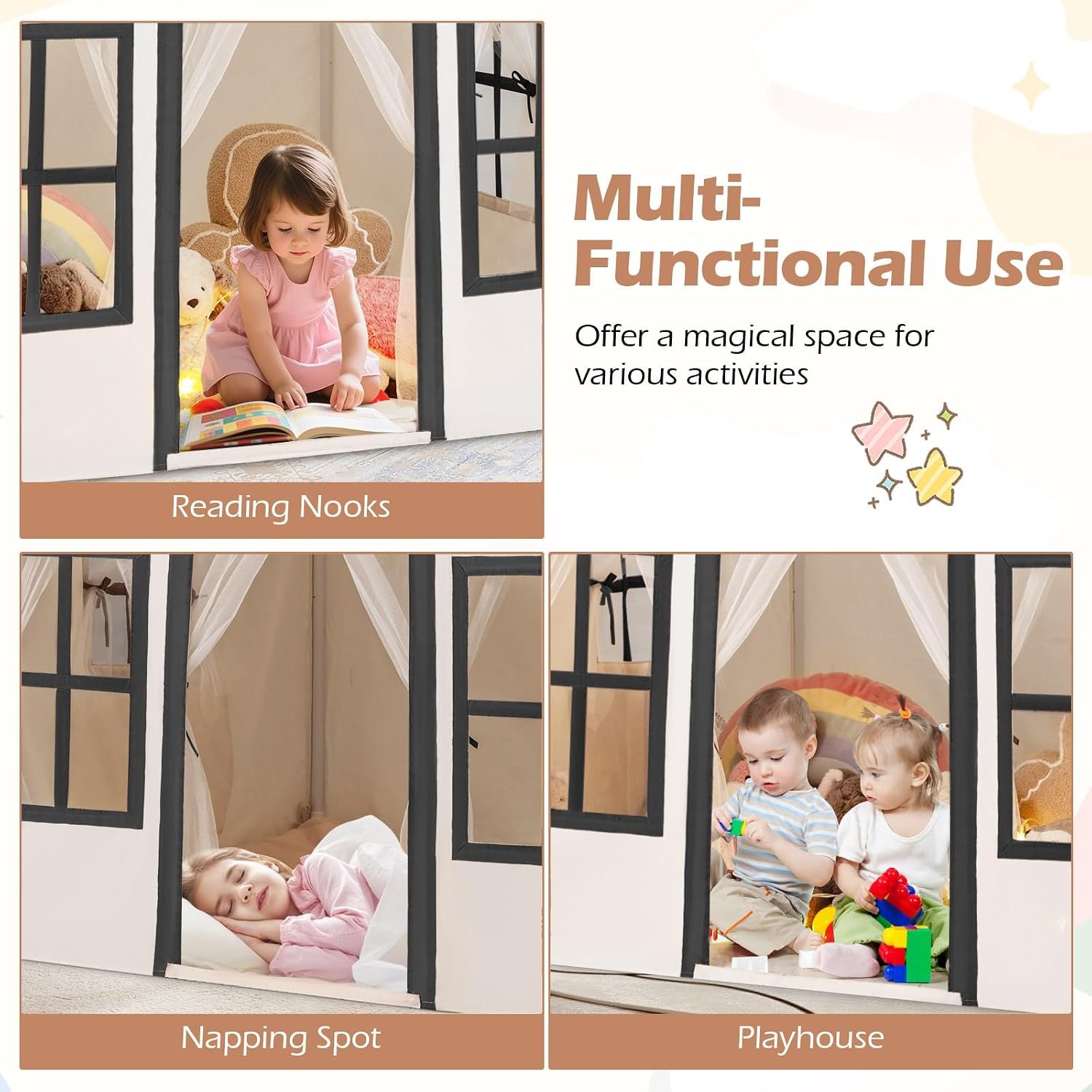 Beige Play Tent with Star Lights and Coral Velvet Mat: image 7