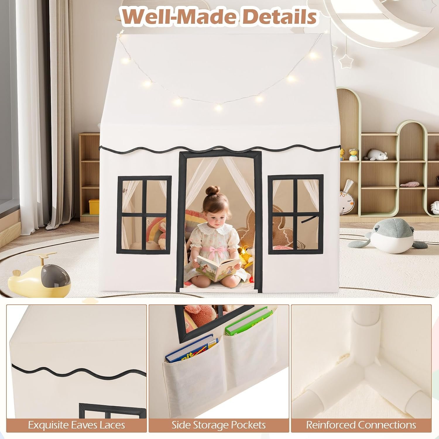 Beige Play Tent with Star Lights and Coral Velvet Mat: image 8