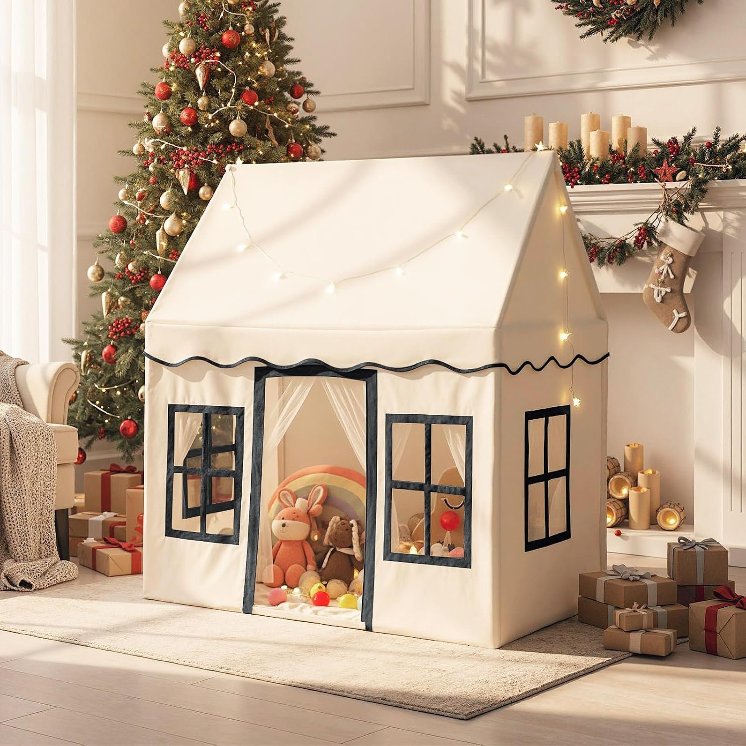 Beige Play Tent with Star Lights and Coral Velvet Mat: image 9