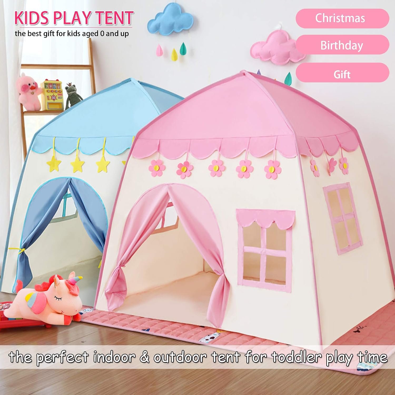 Blue Castle Play Tent with Fairy Lights
