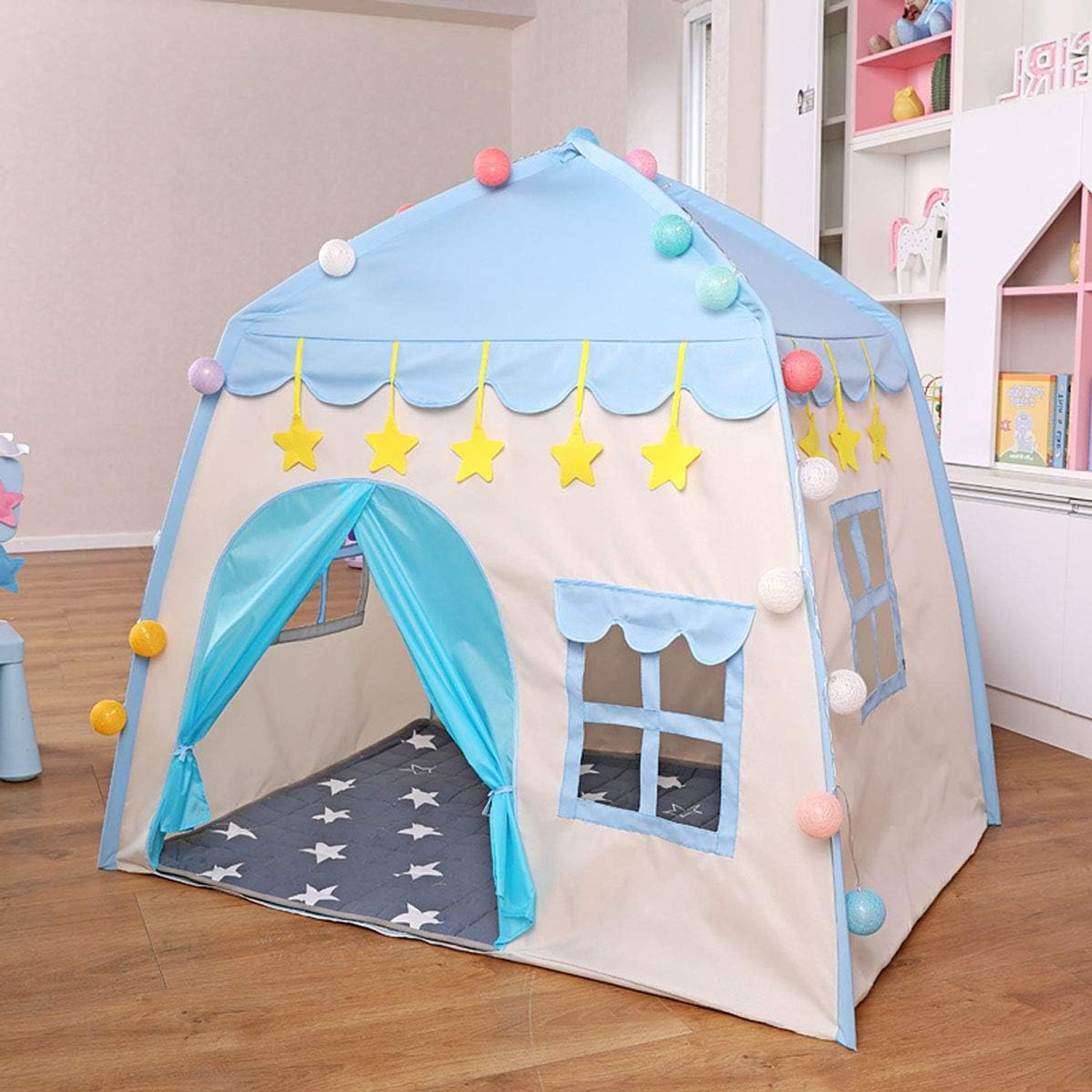 Blue Castle Play Tent with Fairy Lights