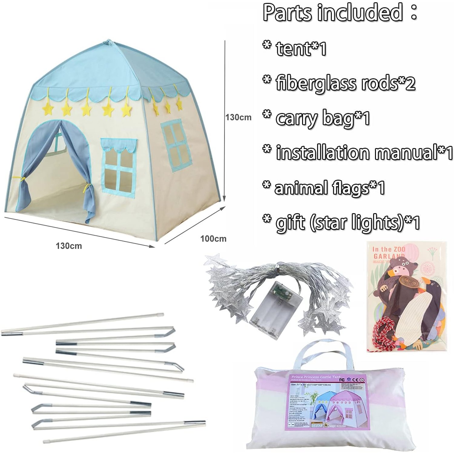 Blue Castle Play Tent with Fairy Lights