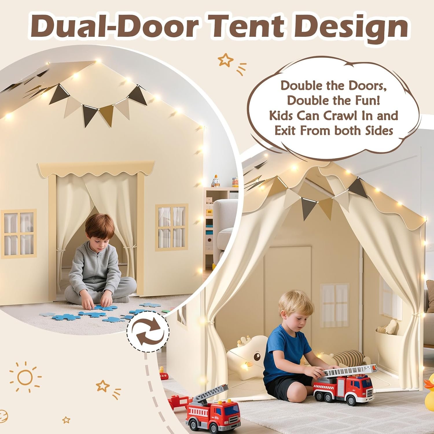 Double Door Playhouse Tent with Padded Mat and Lights