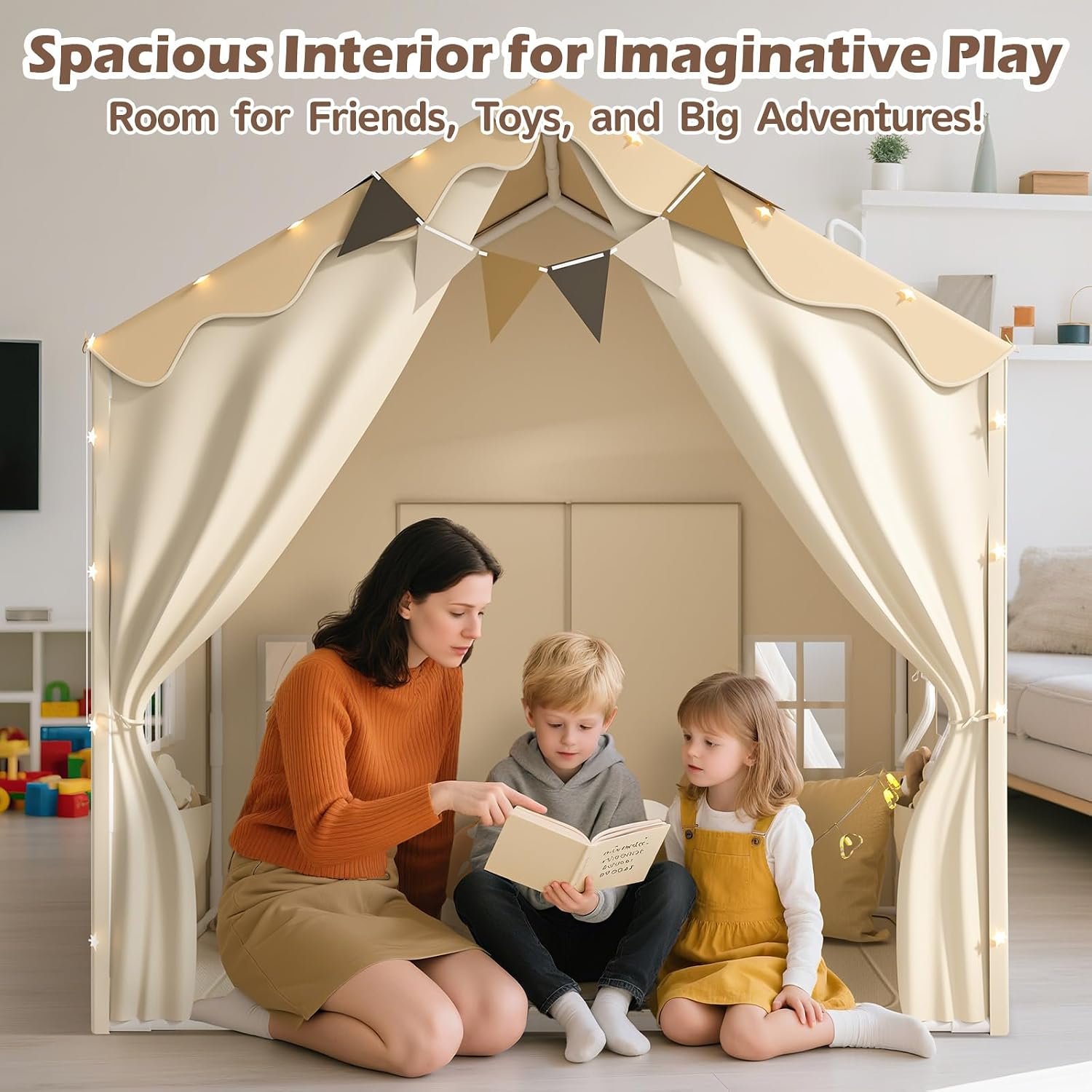 Double Door Playhouse Tent with Padded Mat and Lights
