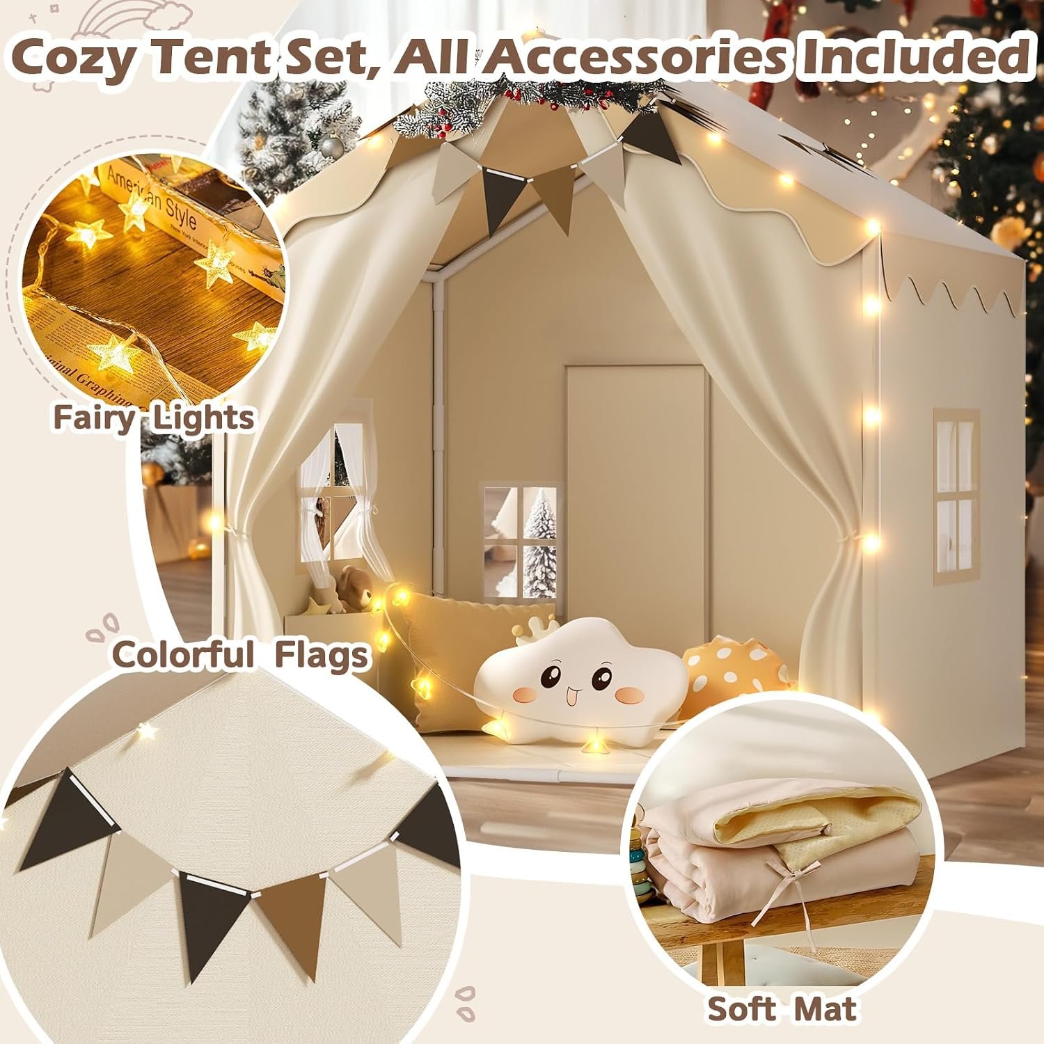 Double Door Playhouse Tent with Padded Mat and Lights