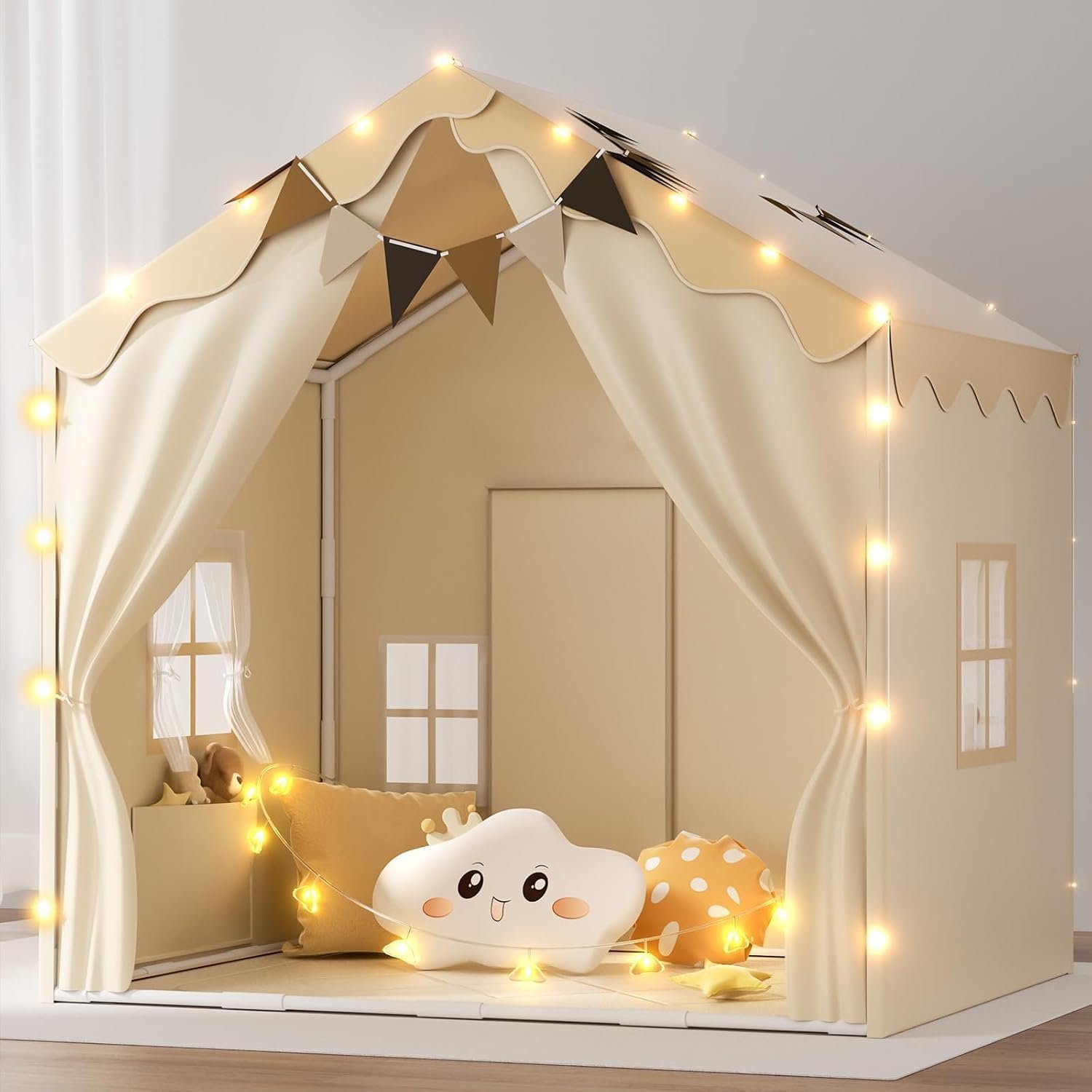 Double Door Playhouse Tent with Padded Mat and Lights: image 1