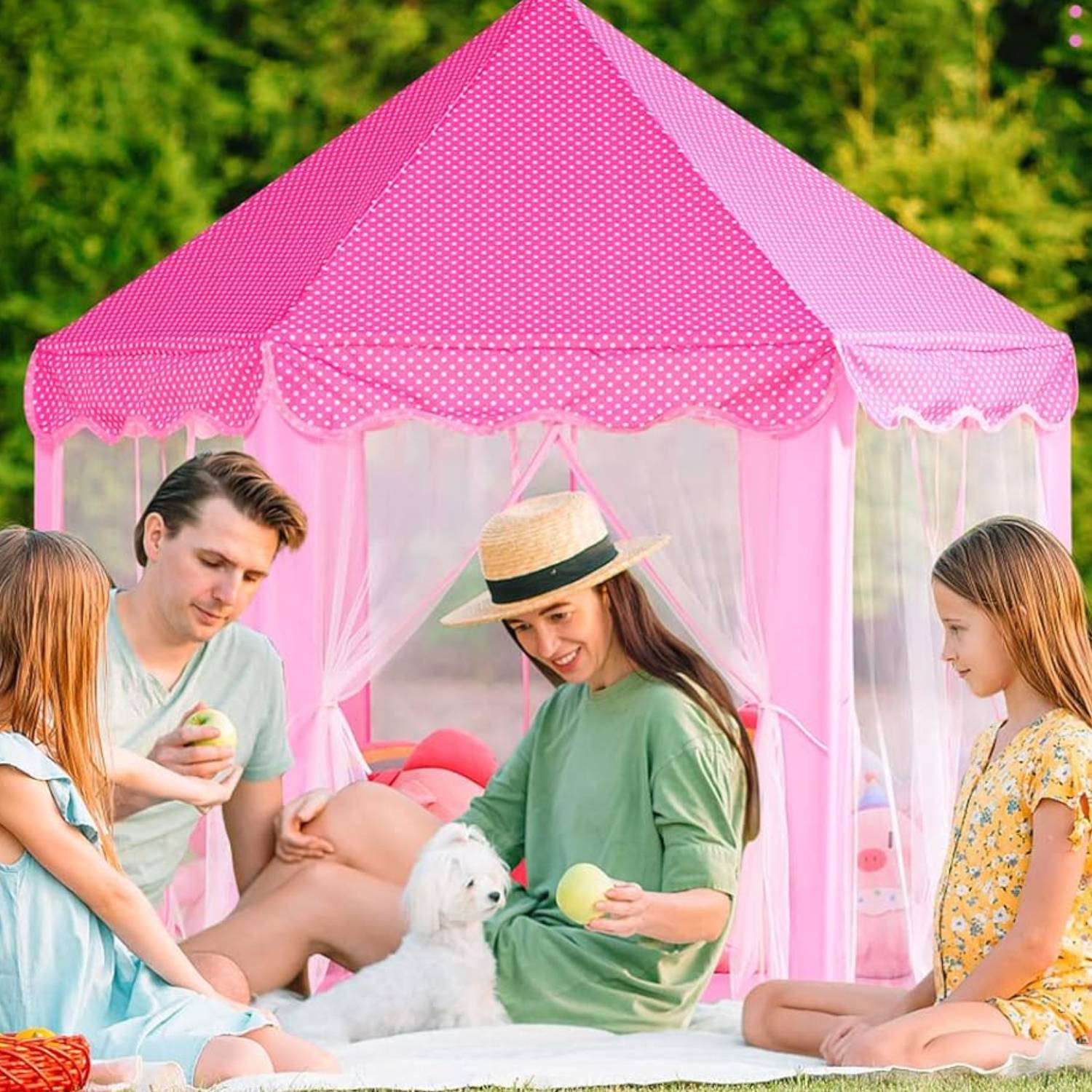 A pink princess castle play tent