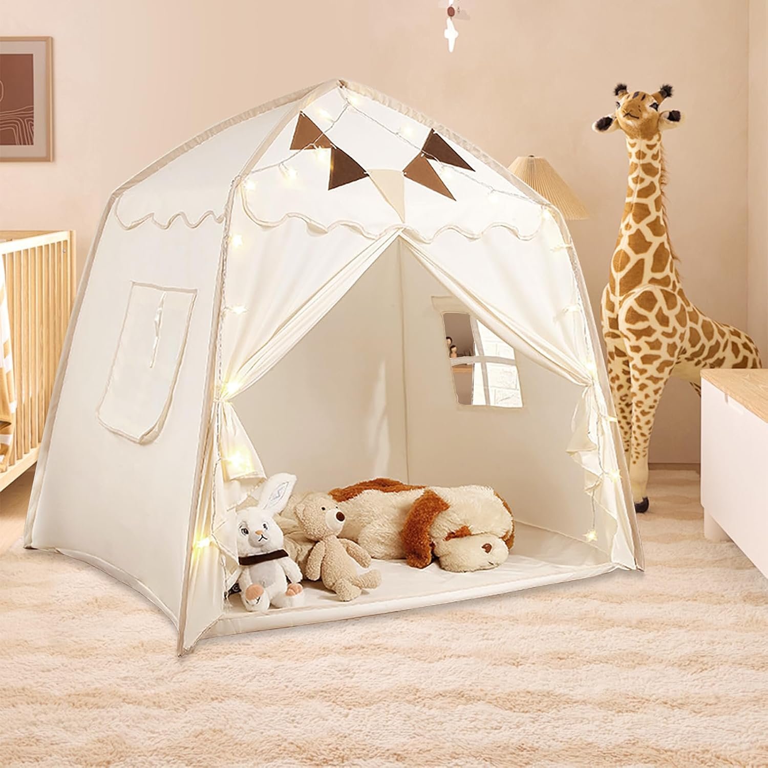 Foldable Play Tent with Mat, Lights and Flags