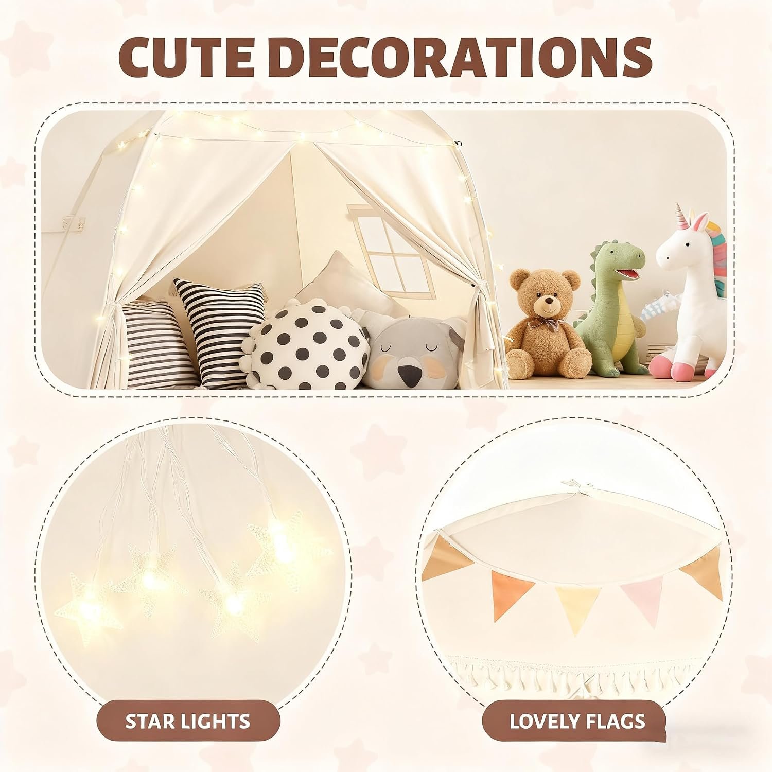 Foldable Play Tent with Mat, Lights and Flags