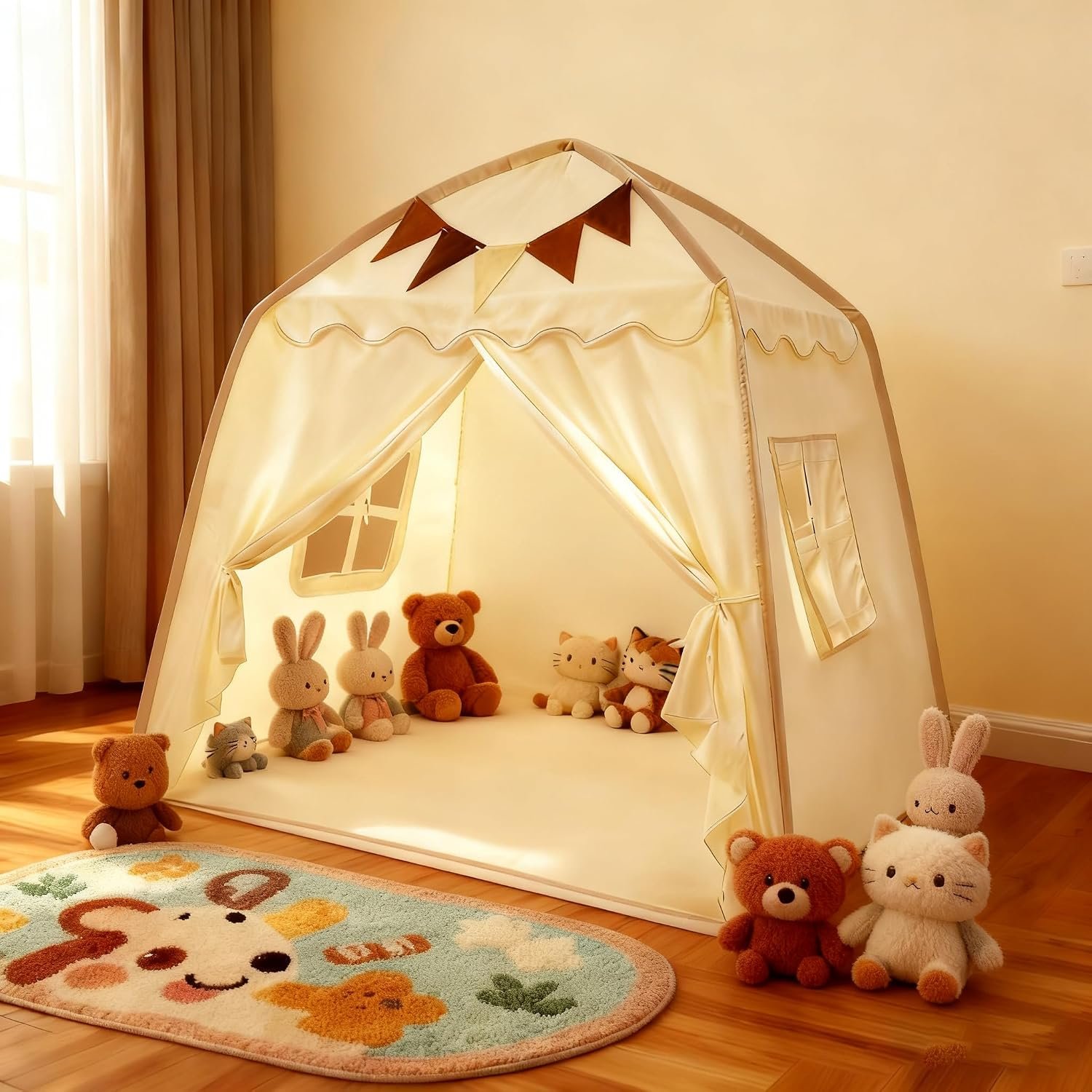 Foldable Play Tent with Mat, Lights and Flags