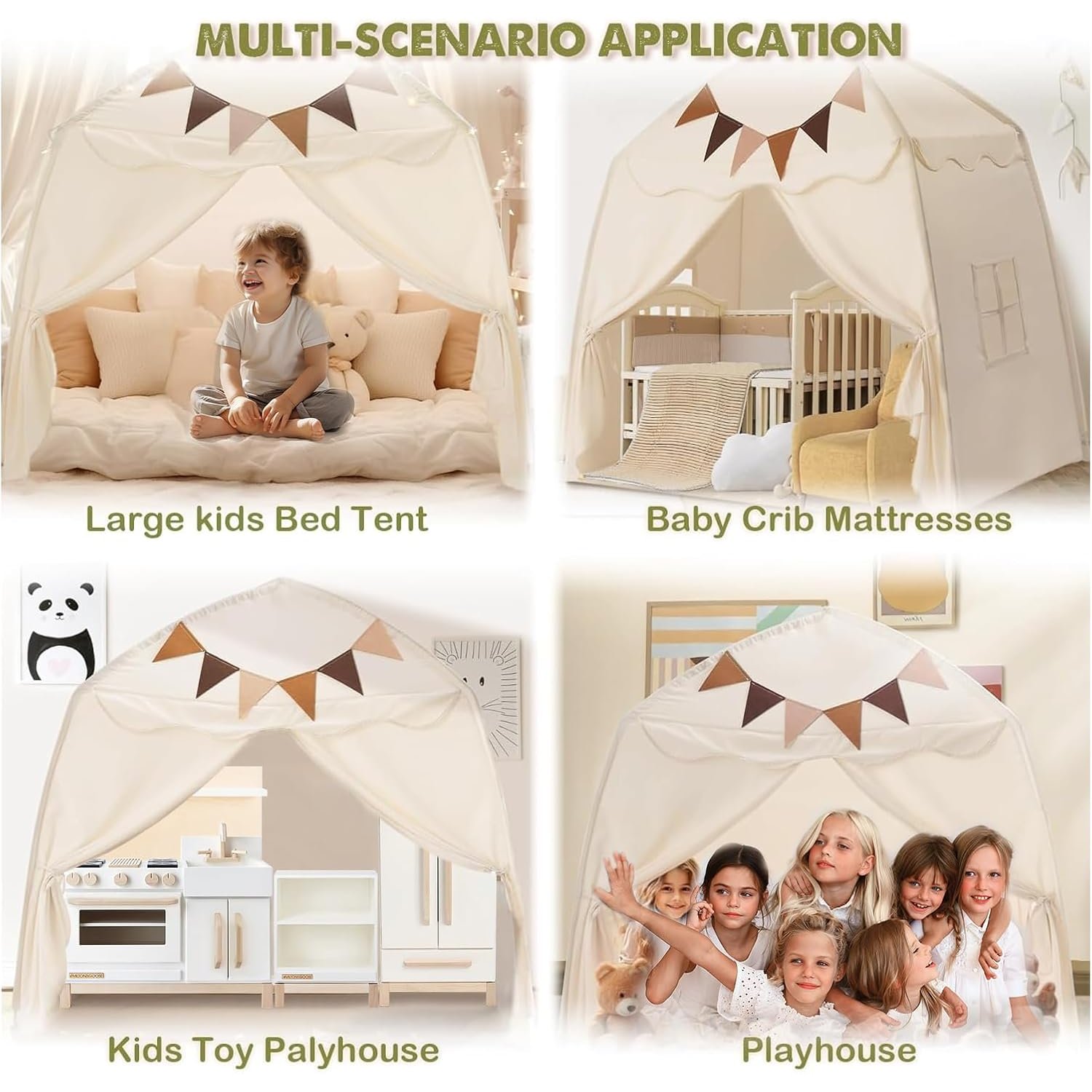 Foldable Play Tent with Mat, Lights and Flags