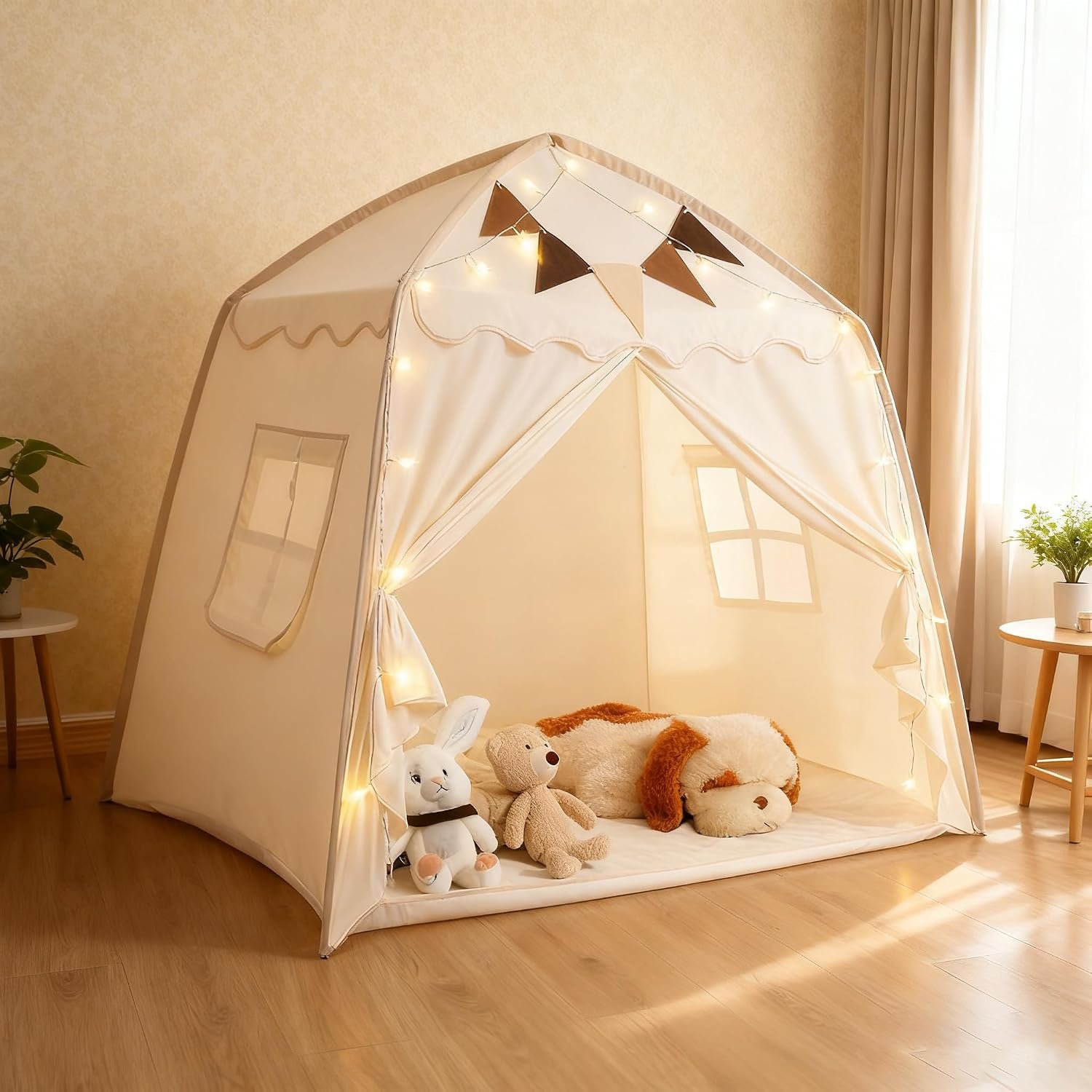 Foldable Play Tent with Mat, Lights and Flags: image 1