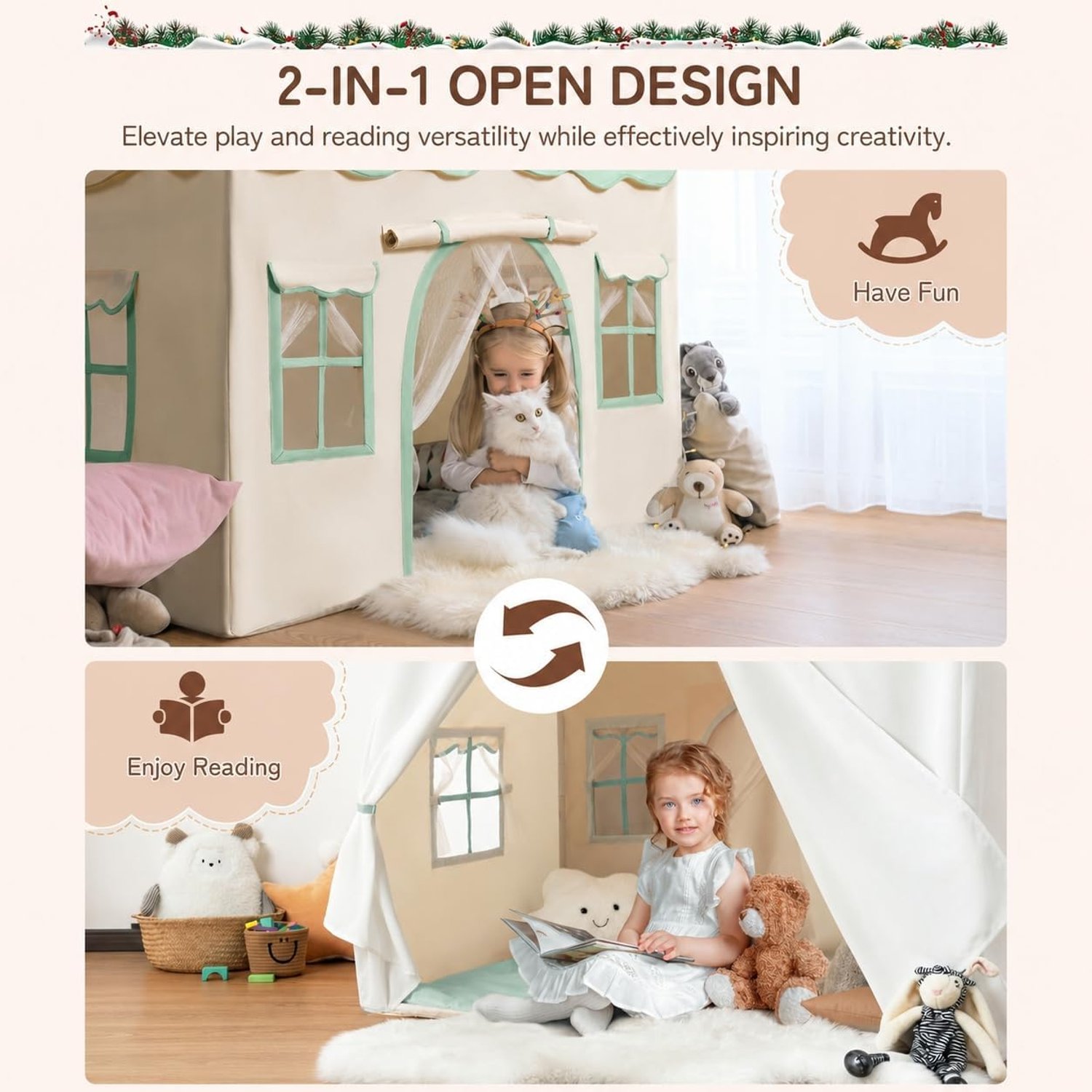 Two Door Play Tent with Bunting and Padded Mat